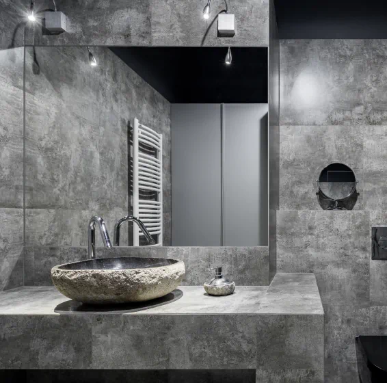 modern bathroom with gray wall tiles